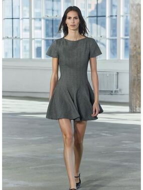 Zara Short Sleeve Fit-and-Flare Dress in Charcoal Gray herringbone pattern szMed